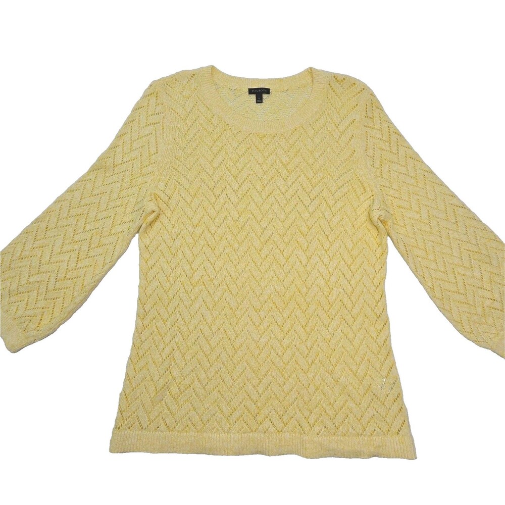 Talbots Sweater Yellow Women Sz Large Open Stitch Chevron Coastal Preppy